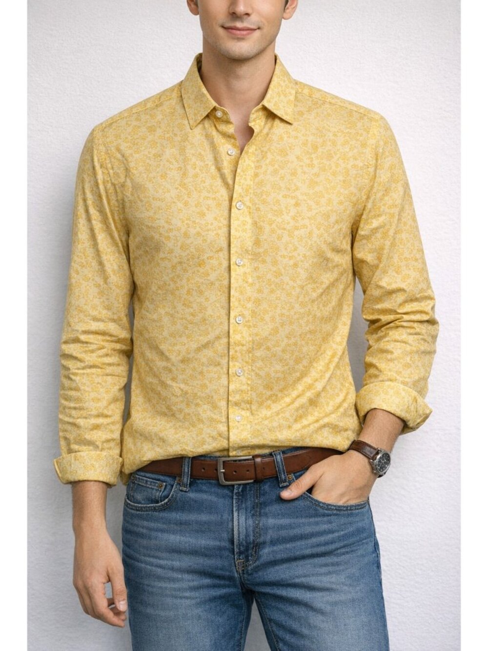 Bar III Dress Shirt Men Size 14/14.5 Yellow Slim Fit Floral Organic Cotton $65